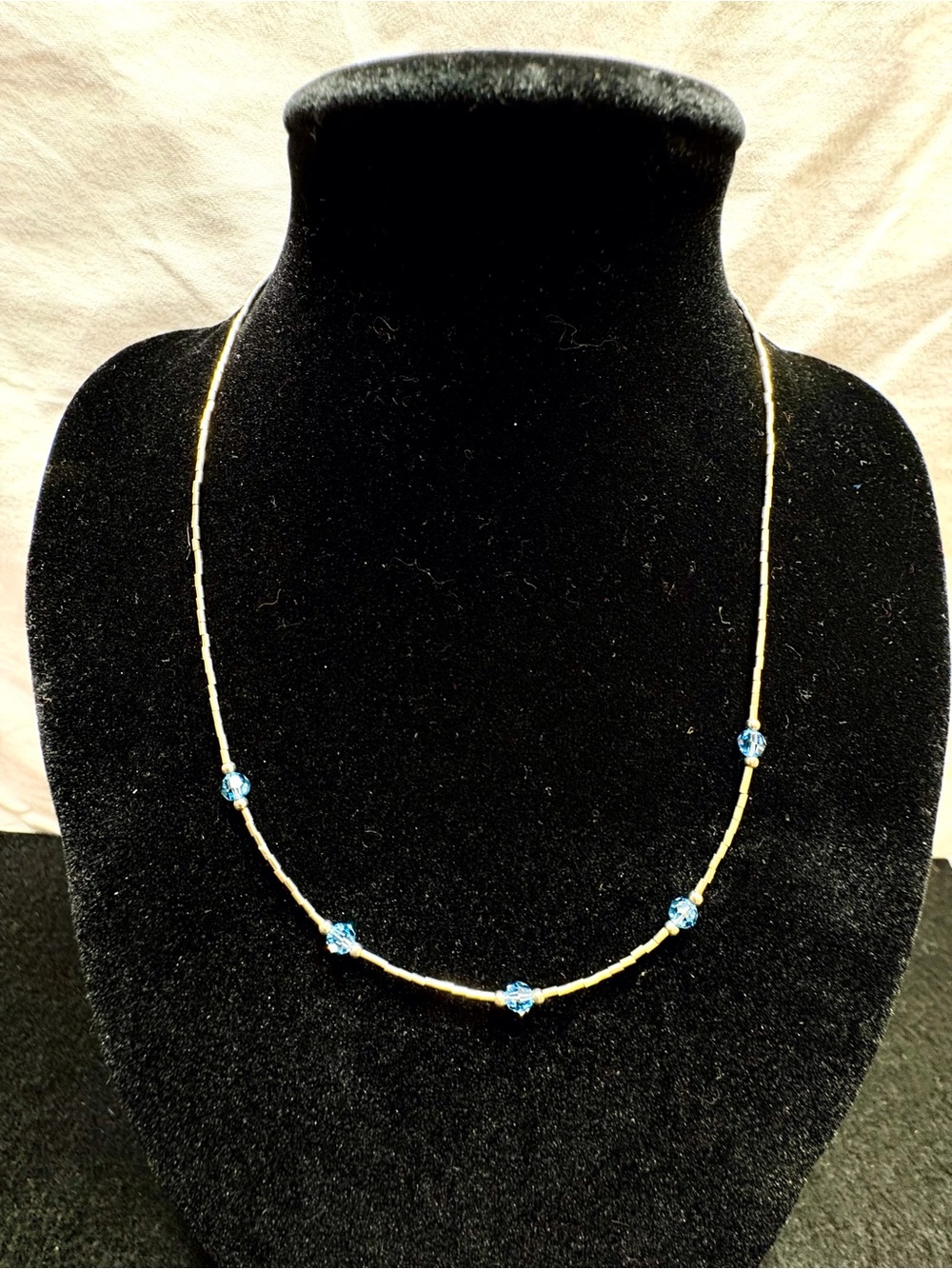 Vintage Delicate Sterling Liquid Silver Beaded Necklace w/ Blue Crystal Accents